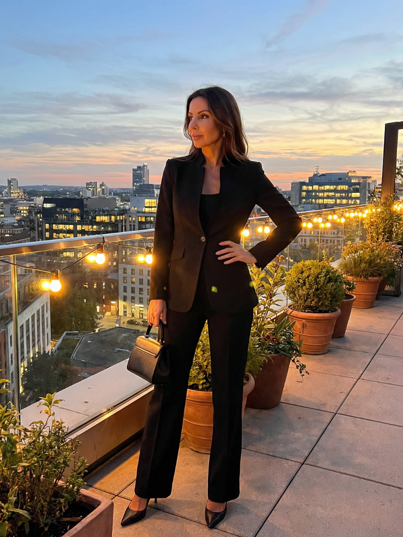 Formal women's suit set: structured stand collar jacket & tailored flared pants for professional events.
