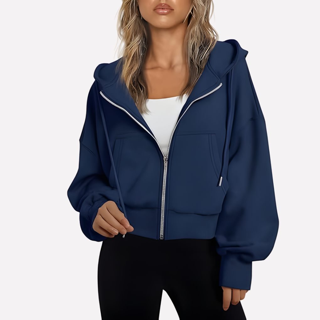 Fashionable women's cropped zip hoodie, relaxed fit, great for casual wear.