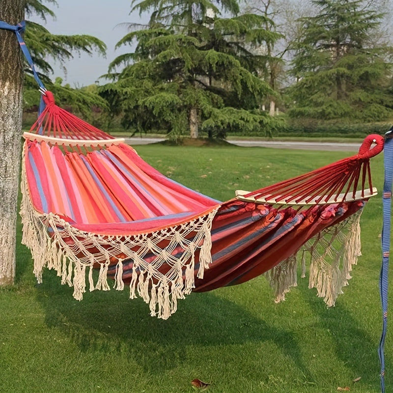 Garden patio bohemian hammock, striped design, ultimate comfort & style.