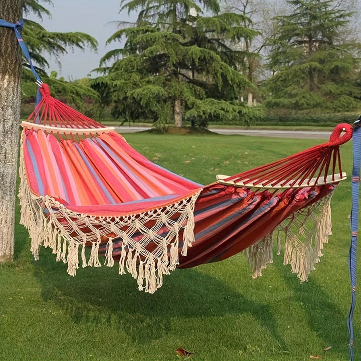 Garden patio bohemian hammock, striped design, ultimate comfort & style.
