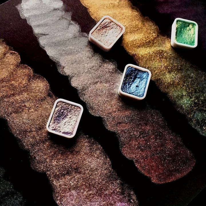 Professional 20-color pearl watercolor paint set. Shimmering solid art supplies for unique creative painting.