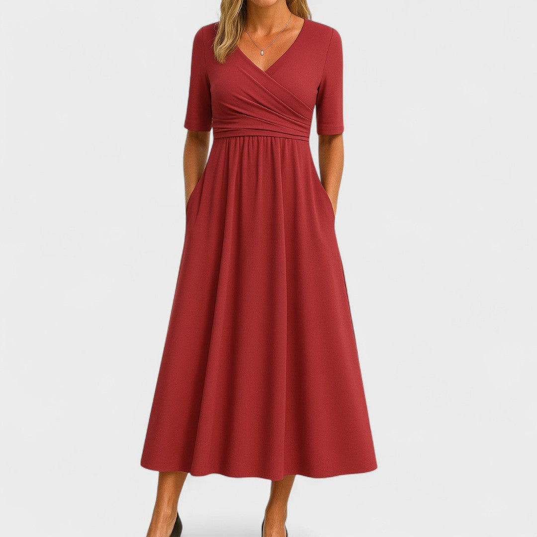 Versatile women's elbow sleeve V-neck midi dress with practical pockets, great for any occasion.