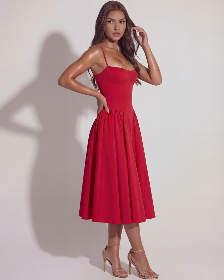 Chic sleeveless women's midi dress, elegant summer style with a sweetheart neckline.