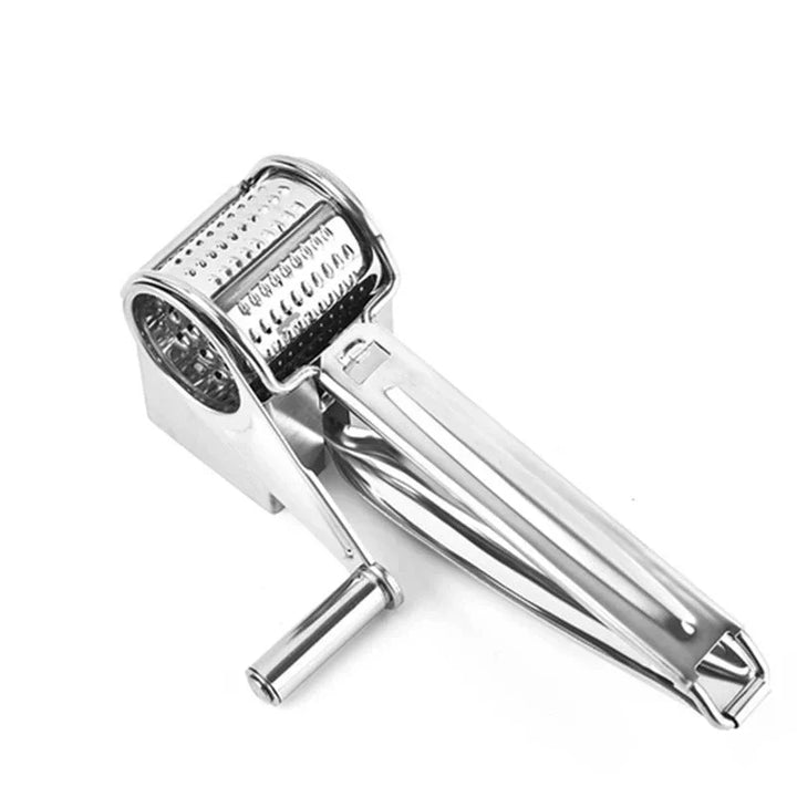 Sleek stainless steel manual rotary cheese grater, durable kitchen tool for home cooks. Ideal for food prep.