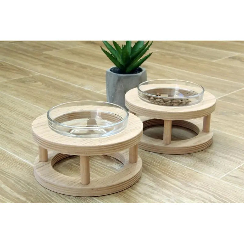 Raised wooden dog & cat food bowl set with non-slip glass bowls promotes better digestion & comfortable posture.