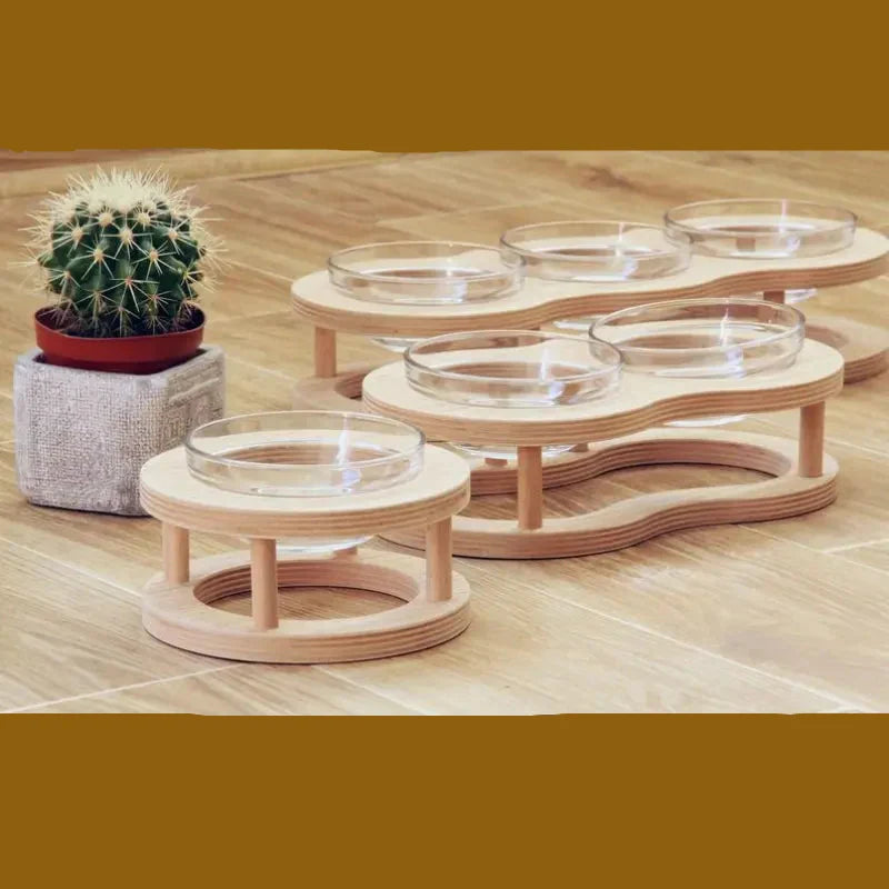 Modern elevated wooden pet feeder with removable, easy-to-clean glass bowls. Ideal for cats and small dogs.