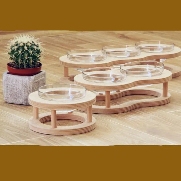 Modern elevated wooden pet feeder with removable, easy-to-clean glass bowls. Ideal for cats and small dogs.