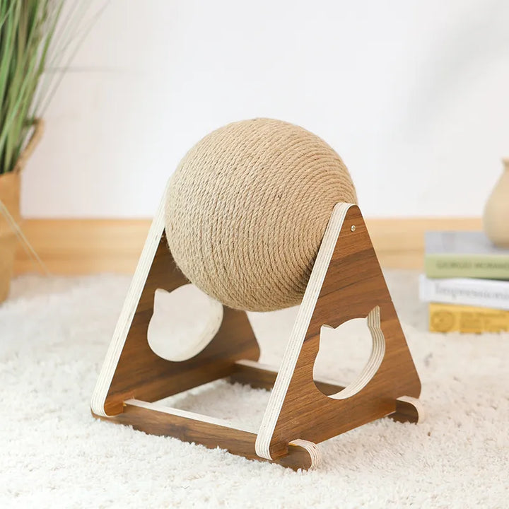 Interactive cat toy: Sisal scratching ball with 360° rotation and a robust wood base for endless fun.