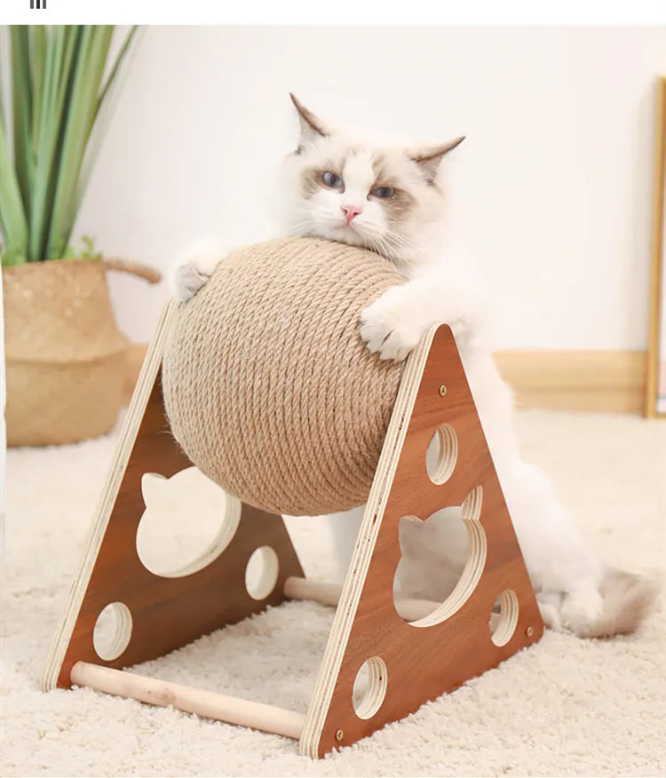 Interactive 360-degree rotating sisal scratching ball for cats. Durable wood frame, perfect for claw health.