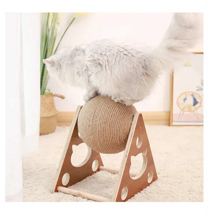 Cat Scratching Ball 360° with durable sisal sphere & wooden stand for interactive cat play & claw care.