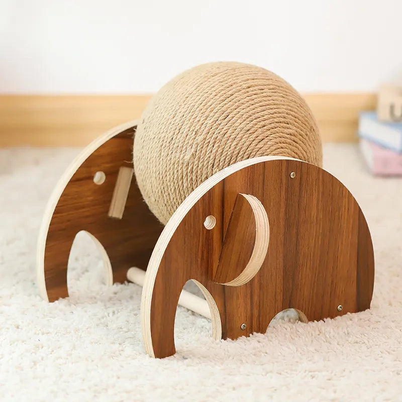 Multi-functional 360° rotating sisal cat scratching ball, durable wooden stand for interactive pet play.
