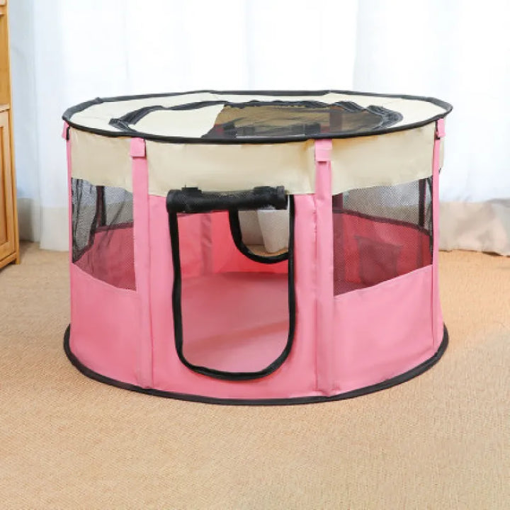 Portable dog house & cat bed with mesh windows, ideal for pet travel & outdoor adventures.