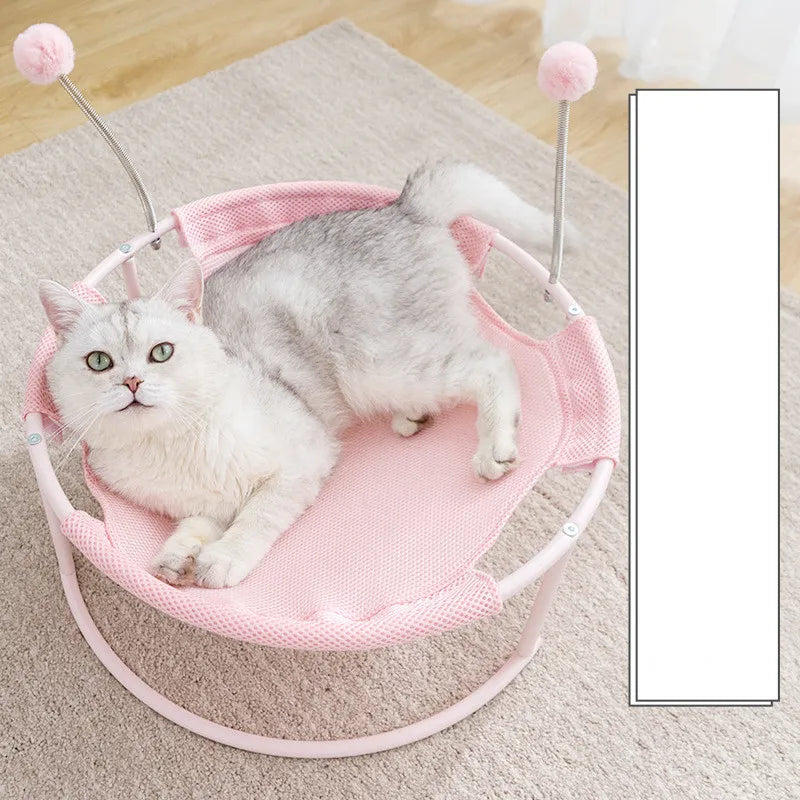 Sturdy framed round cat hammock, a durable pet lounger with interactive play balls, perfect cat furniture.