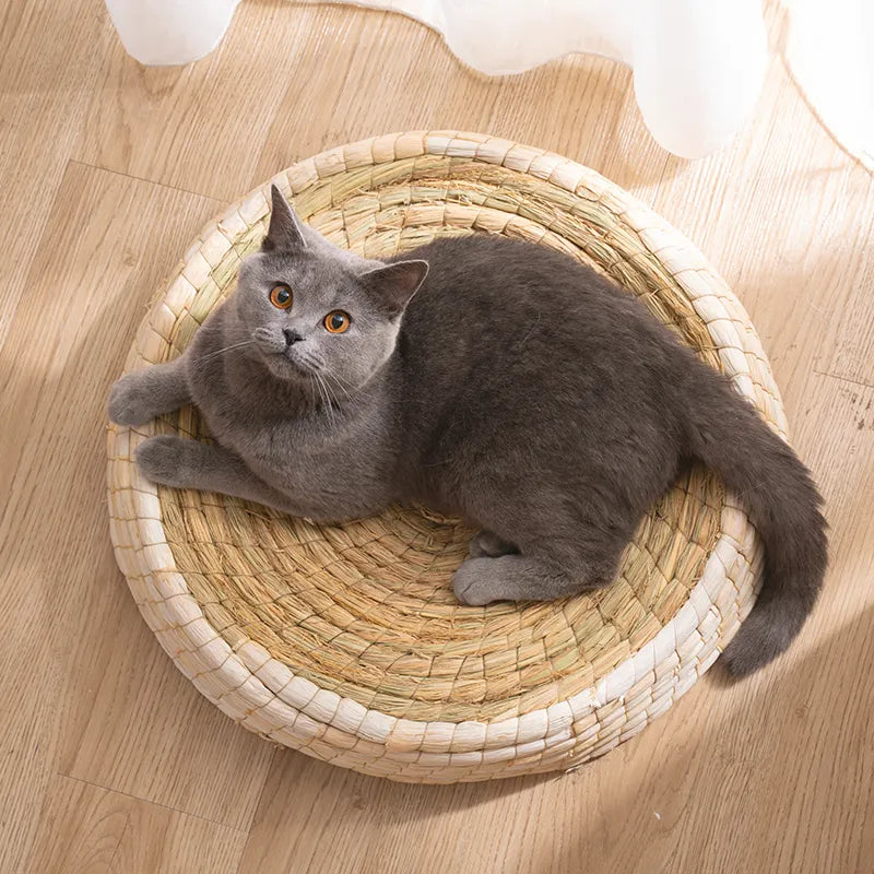 Round, hand-woven natural cat bed offering a warm pet nest and sleep retreat for ultimate feline comfort.