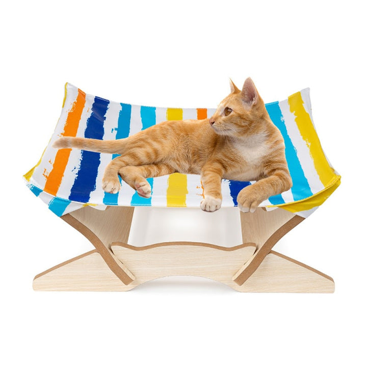 Vibrant wooden cat bed with a removable fabric cover, stylish pet furniture for feline comfort & easy cleaning.