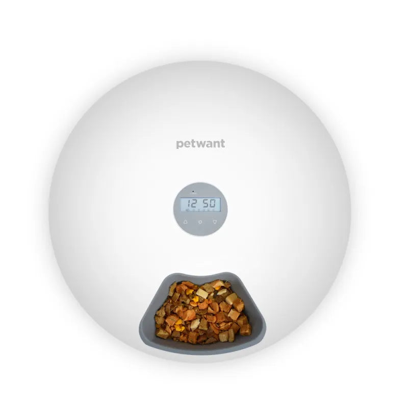 Convenient pet food dispenser with digital timer for automatic and healthy timed pet meals.