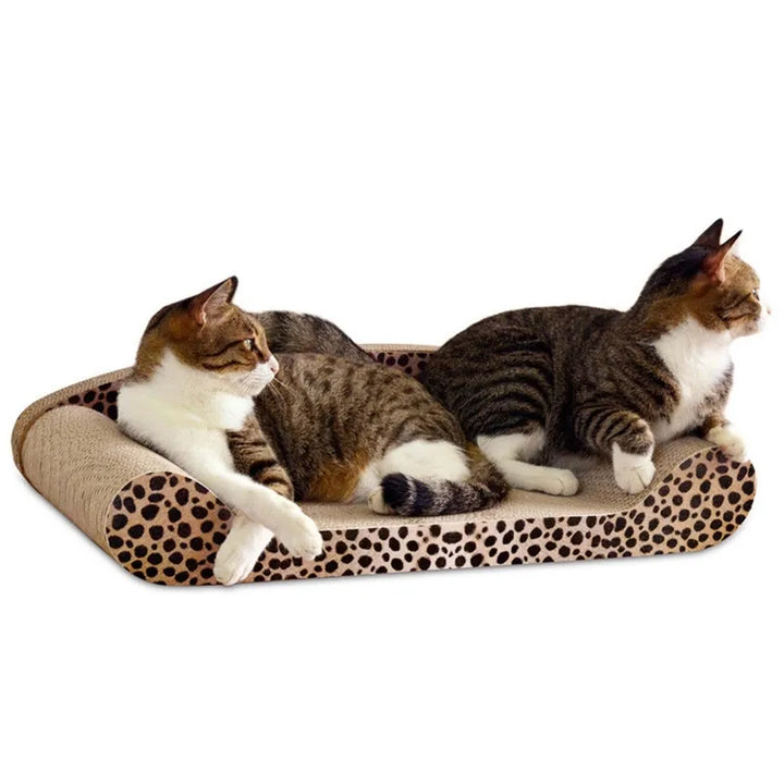 Close-up of a leopard print cat scratching mat, highlighting durable fabric and soft pet bed area.
