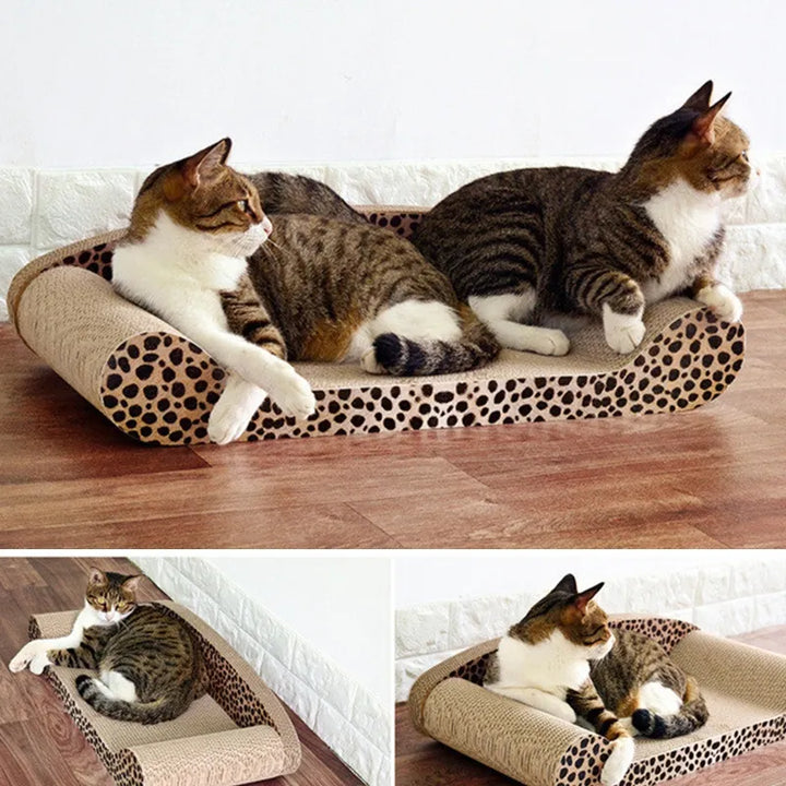 Happy cat playing on a durable leopard print scratching mat. Keeps claws healthy & protects home furniture.