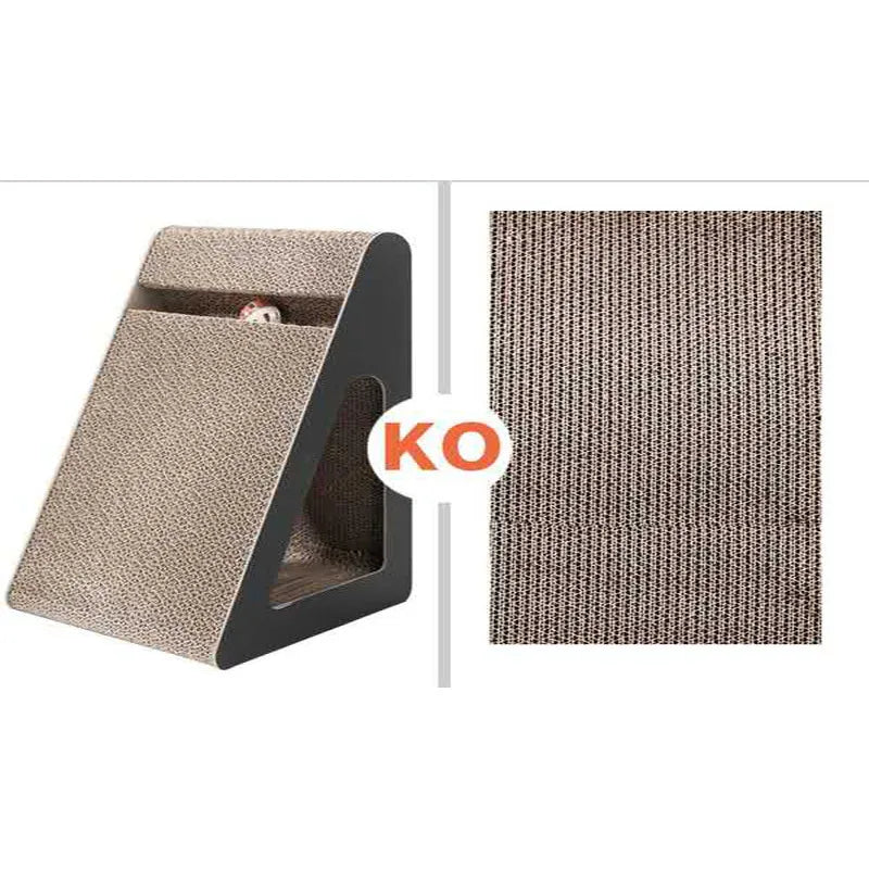 Modern design tilting cat scratcher, perfect for interactive play & furniture protection. Space-saving feline enrichment accessory.