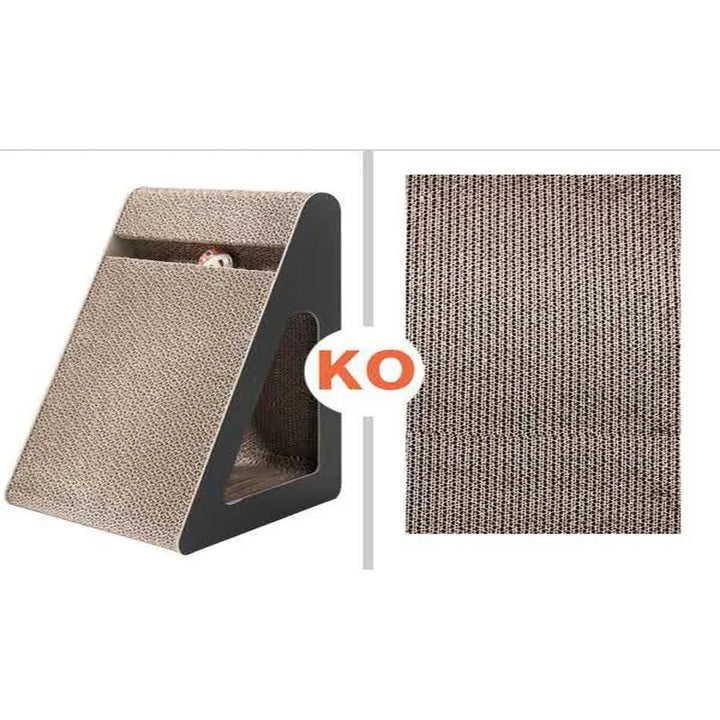 Modern design tilting cat scratcher, perfect for interactive play & furniture protection. Space-saving feline enrichment accessory.