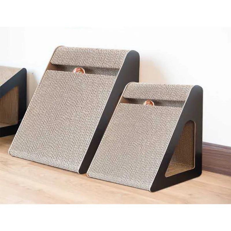 Interactive tilting cat scratcher board promotes healthy scratching & play. Modern design, feline enrichment, furniture protector.