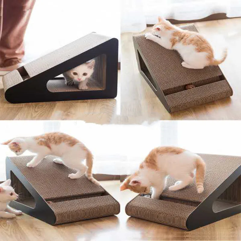 Modern tilting cat scratching board, space-saving design for interactive feline play. Protects furniture, contemporary pet accessory.