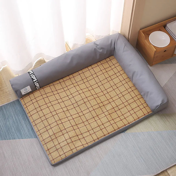 Plush green corner pet bed for cats & small dogs, featuring raised soft edges for ultimate coziness.