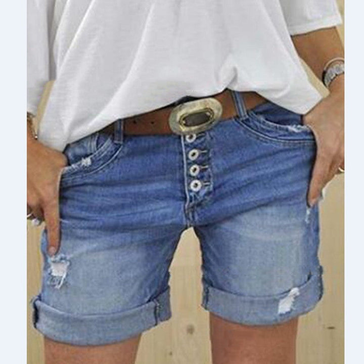 Women's ripped denim shorts, perfect for a trendy summer casual look and hot weather.