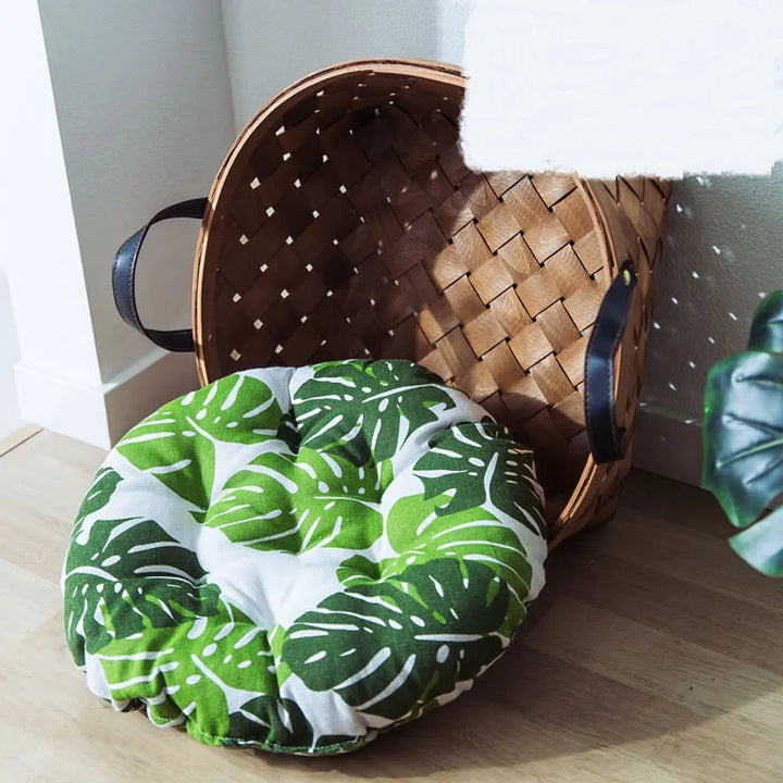 Comfortable tropical monstera cat bed, a plush pet floor cushion. Stylish home decor for cats & small pets.