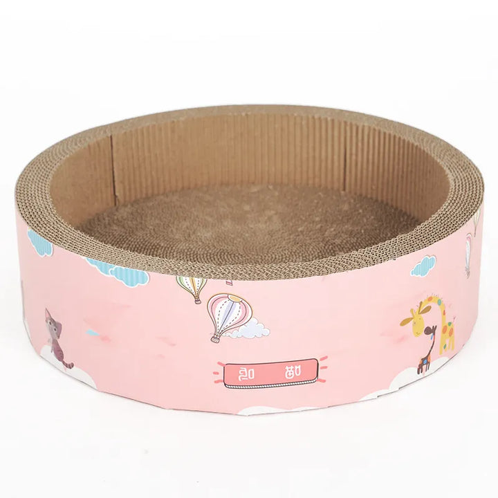 Healthy claw care with a fun round cardboard cat scratch mat, a must-have pet accessory.