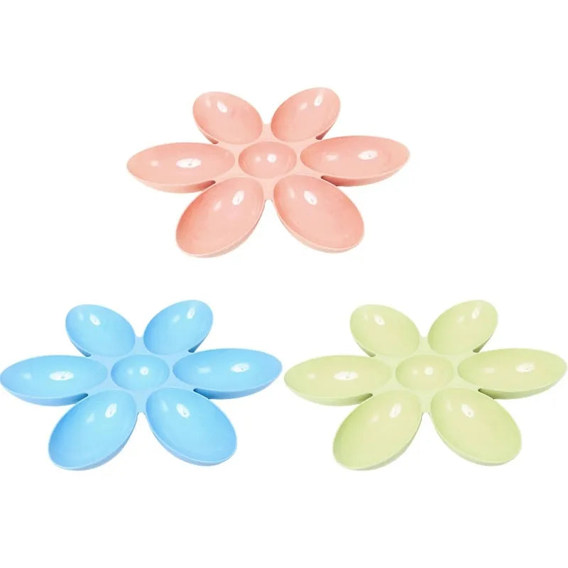 Versatile multi-color pet feeder with 6 flower-shaped bowls for cat food and water.