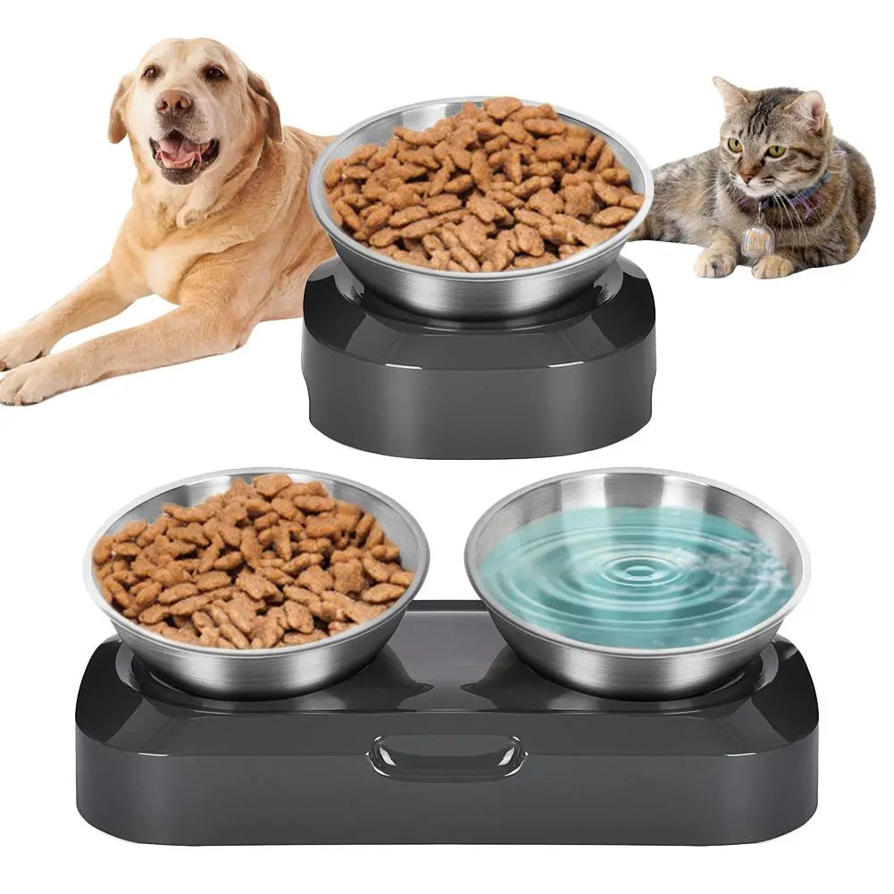 Elevated double stainless steel cat food & water bowls. Ergonomic pet feeder, dishwasher safe.
