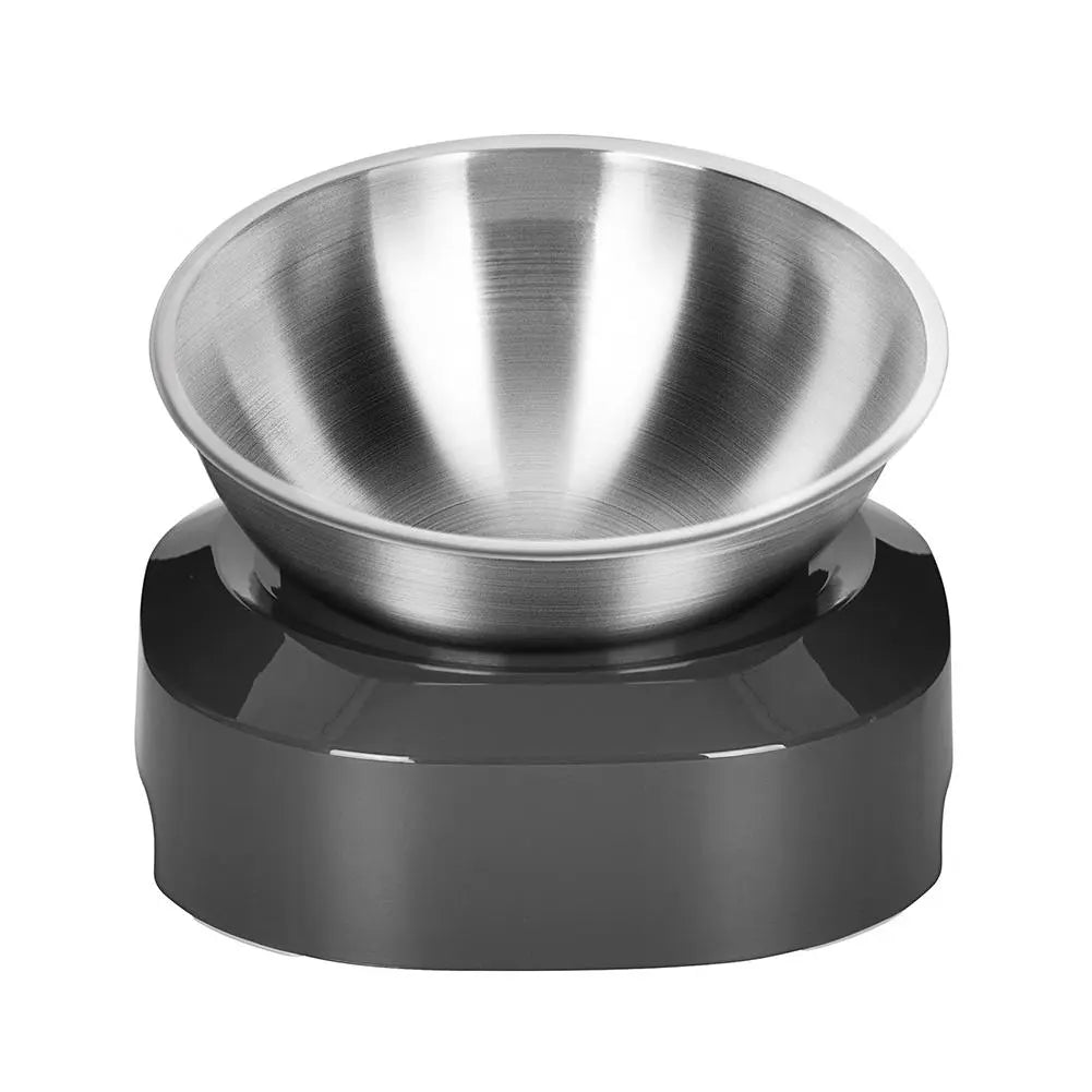 Cat's elevated double stainless steel food and water bowls. A practical pet feeder accessory.