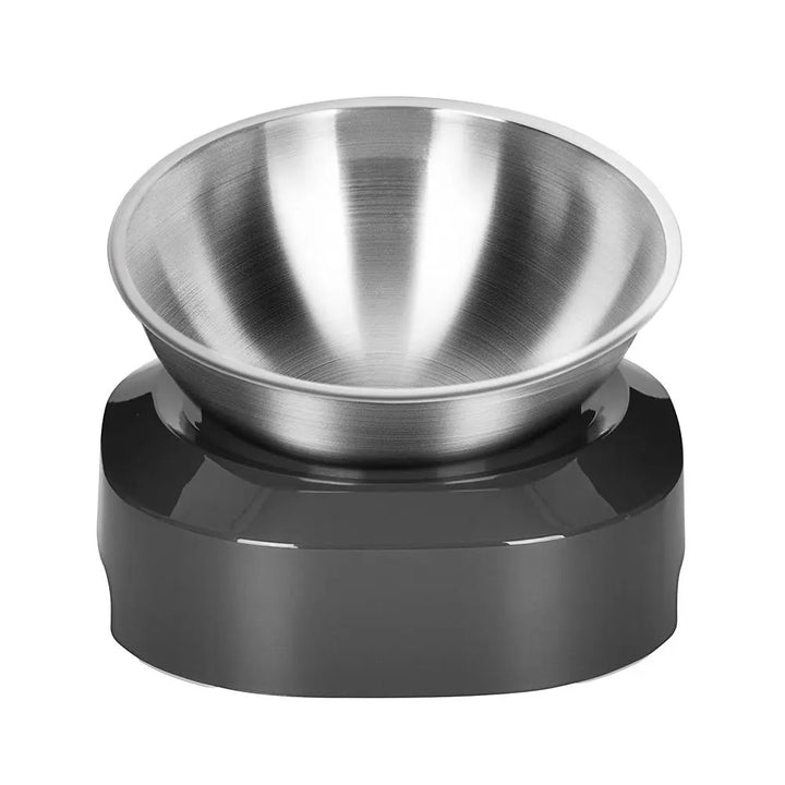 Cat's elevated double stainless steel food and water bowls. A practical pet feeder accessory.