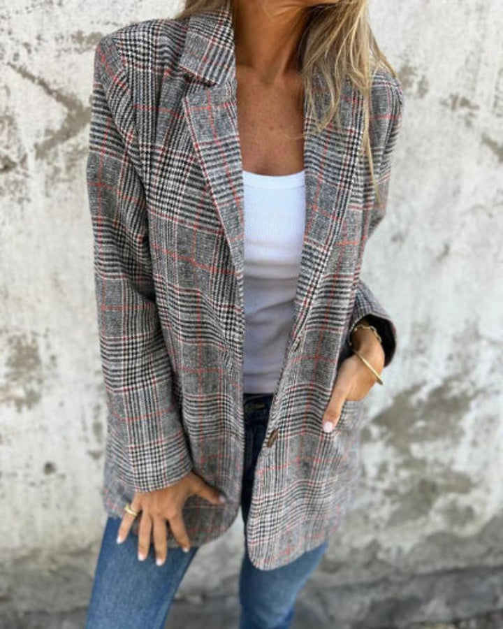 Modern checkered women's blazer, a chic long sleeve jacket for business casual or elegant everyday fashion. Womens outerwear.