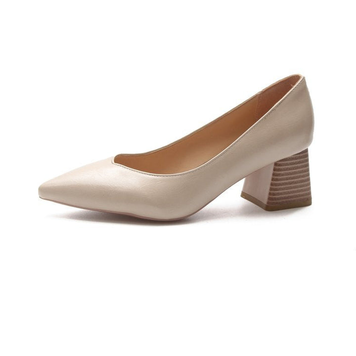 Full view of women's comfortable black block heel pumps. Elegant pointed toe, classic design for versatile wear.