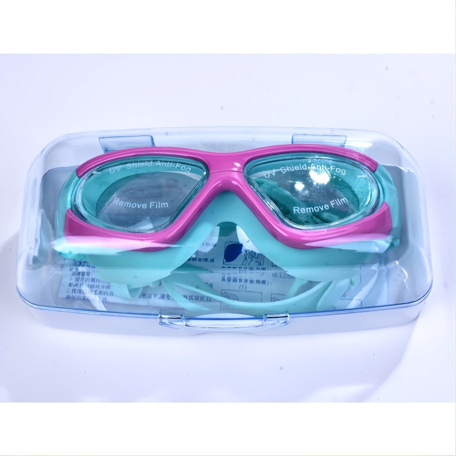 Kids swim goggles, large frame, anti-fog, UV protection, comfortable for young swimmers.
