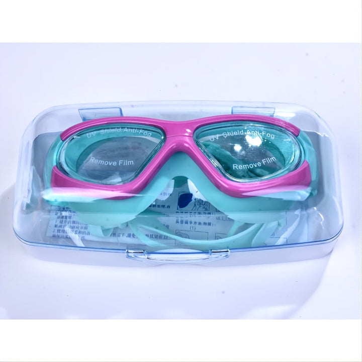 Kids swim goggles, large frame, anti-fog, UV protection, comfortable for young swimmers.