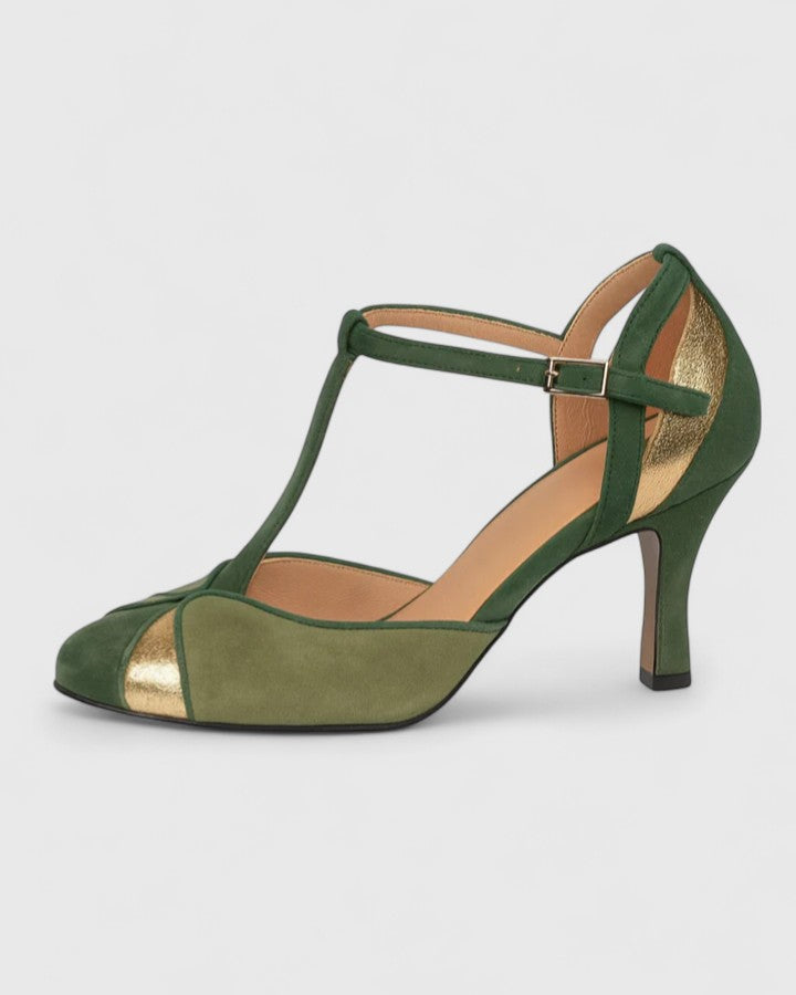 Elegant women's green ankle strap heels with an open toe & comfortable block heel, perfect for parties & formal events.