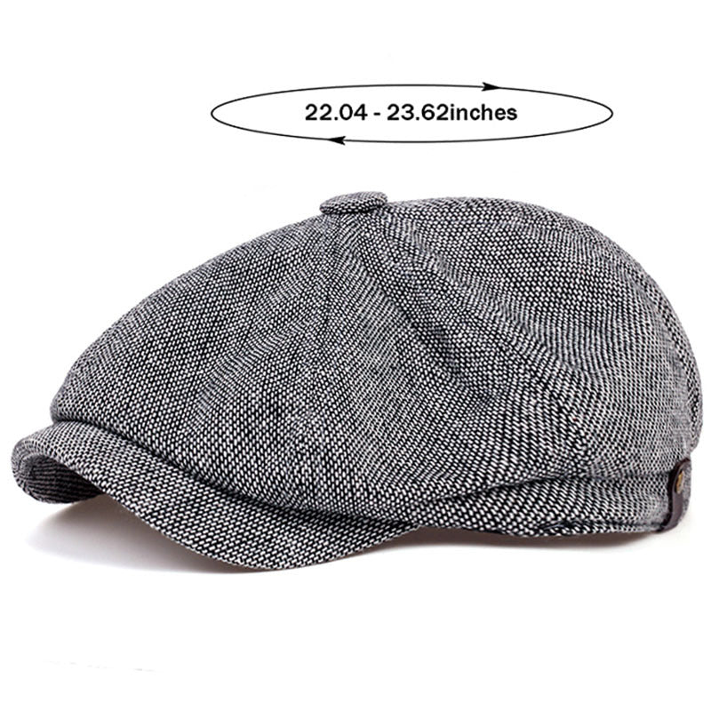 Close-up of men's herringbone flat cap texture, classic retro vintage look.