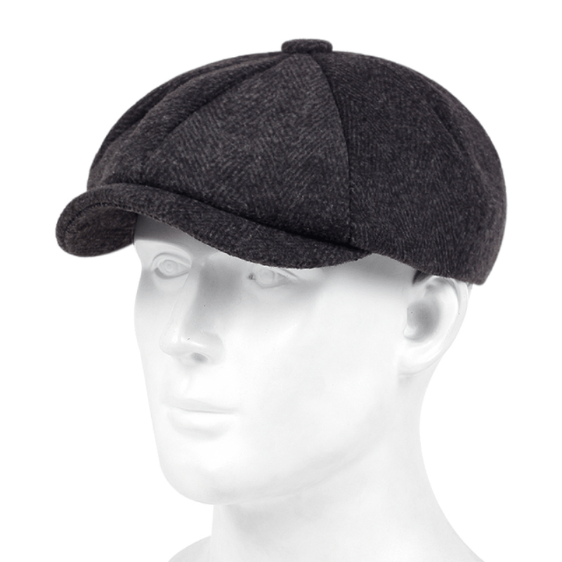 Herringbone tweed men's flat cap, vintage grey, classic driving hat for a retro look.