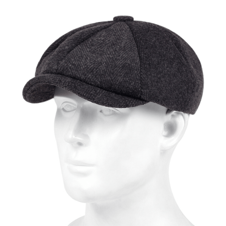 Herringbone tweed men's flat cap, vintage grey, classic driving hat for a retro look.
