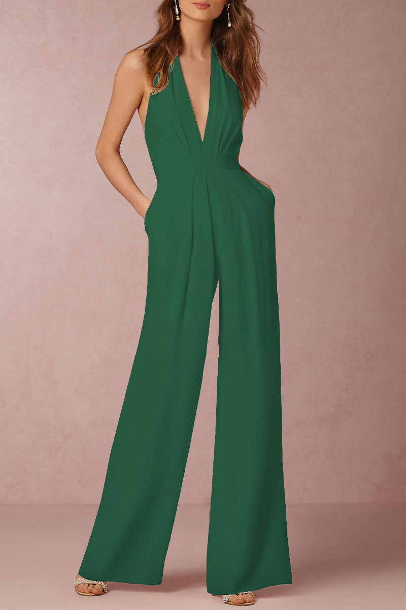 Sophisticated women's pleated V-neck jumpsuit. Sleeveless and elegant, backless style. Ideal for special occasions & evening events.