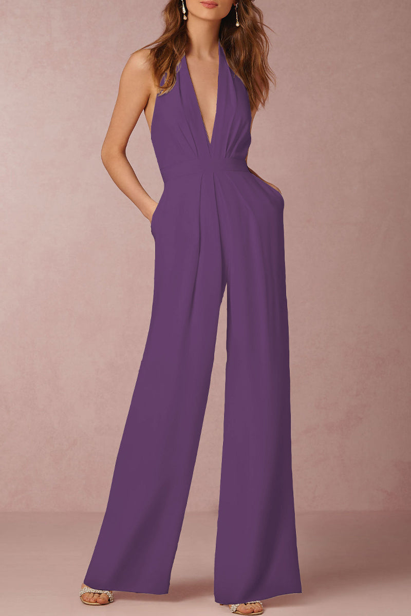 Women's elegant V-neck jumpsuit for evening parties. Sophisticated backless design, sleeveless. Perfect formal event attire.