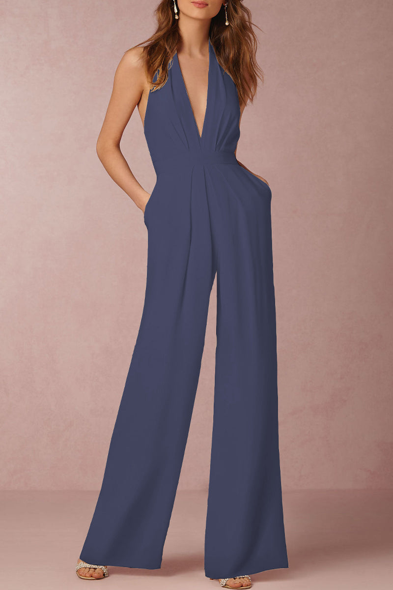 Stylish women's V-neck jumpsuit with backless design & pleats. Elegant solid color. Ideal for parties, evening wear & formals.