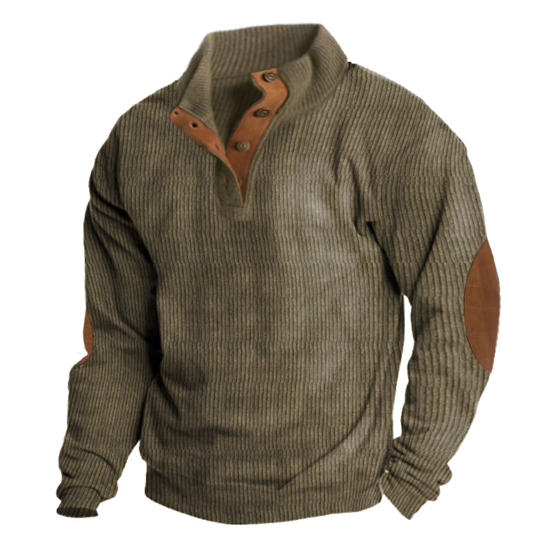 Men's classic half-button pullover sweater with stylish brown elbow patches for smart-casual autumn wear.