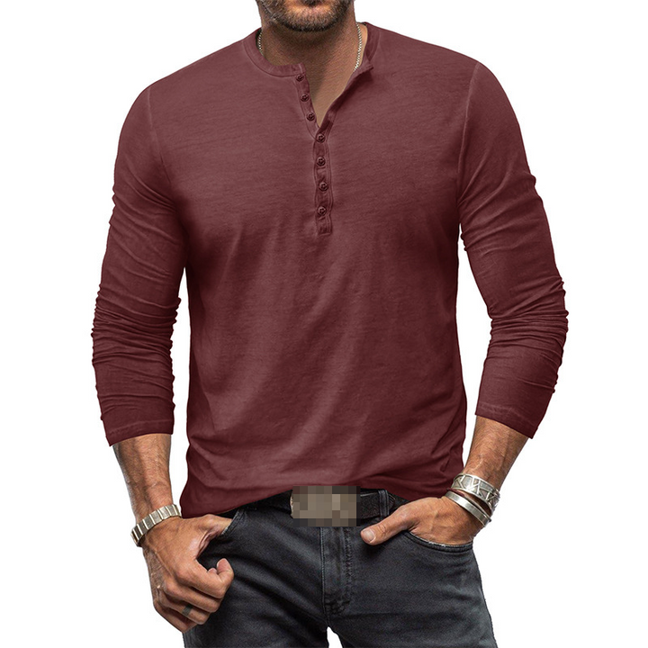 Men's long sleeve Henley in a neutral shade, a versatile wardrobe staple.