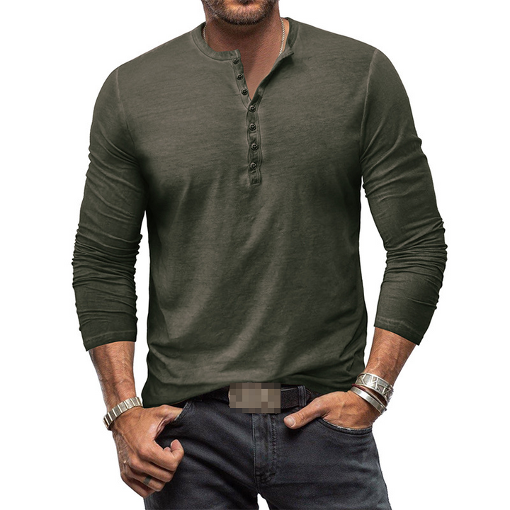 Stylish men's long sleeve Henley, ideal for cool weather layering and fashion.