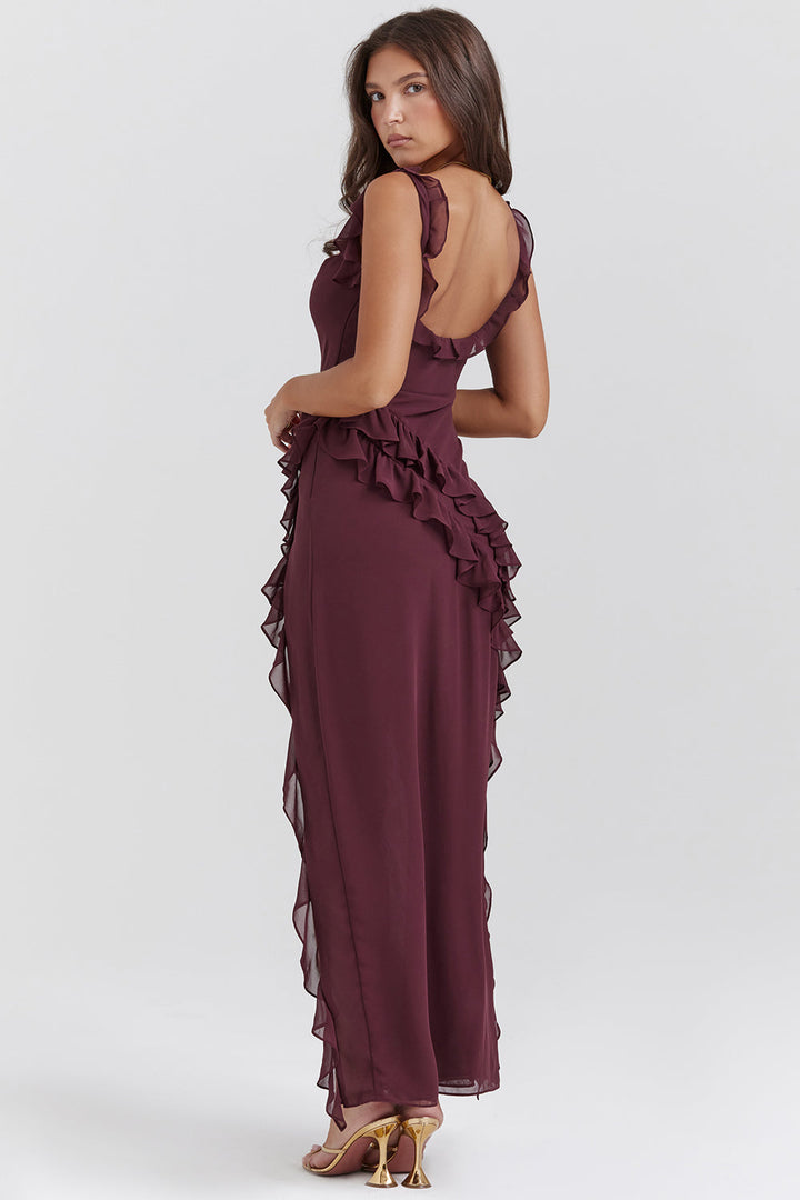 Comfortable & elegant summer midi dress for women, with a chic slit. Perfect as a wedding guest or party dress.