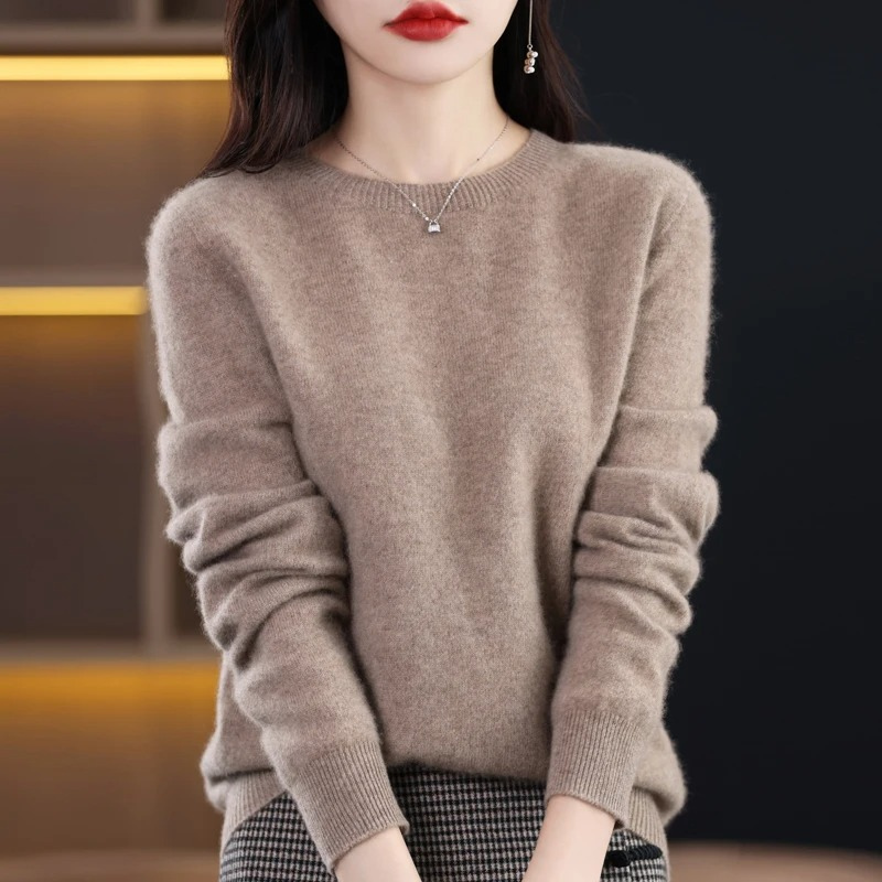Soft knit round neck sweater for women, offering luxurious warmth and a comfortable, chic fit.
